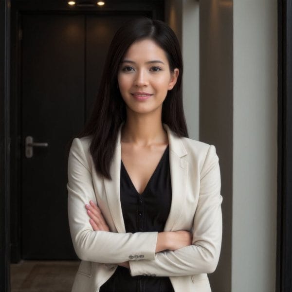 A woman with straight dark hair, wearing a beige blazer and black top, stands indoors with her arms crossed, looking at the camera.