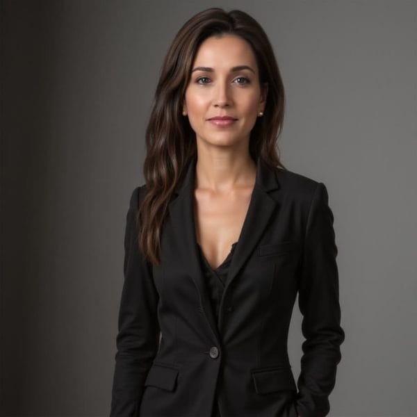 A woman with long brown hair, wearing a black blazer and top, stands against a plain gray background, looking at the camera.