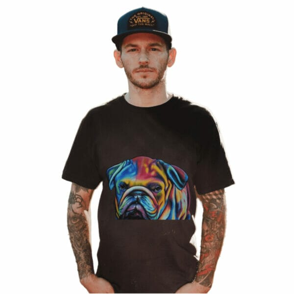 A man wearing a customized Bulldog Head and Body Unisex Ultra Cotton Tee. A man wearing a customized Bulldog Head and Body Unisex Ultra Cotton Tee.