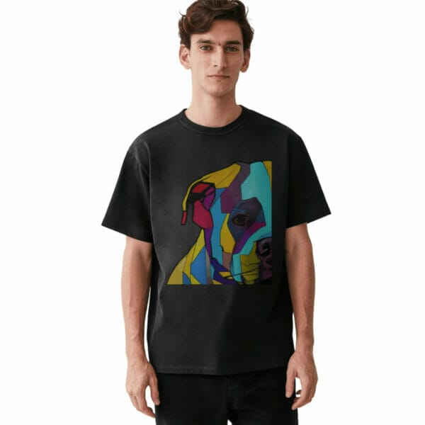 A man wearing a Dog Abstract Men Short Sleeve Tee with a colorful pitbull dog on it. A man wearing a Dog Abstract Men Short Sleeve Tee with a colorful pitbull dog on it.