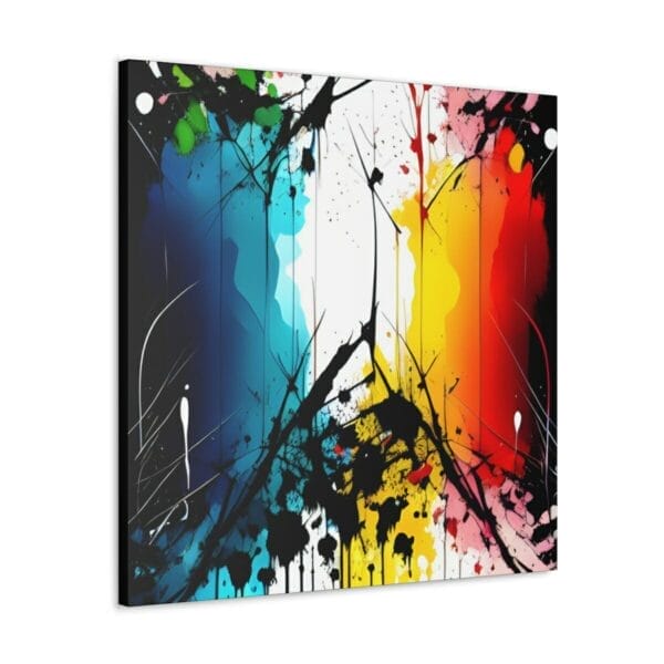 An action painting art canvas with paint splatters on a white background, in the style of Jackson Pollock.