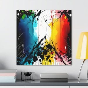 Un lienzo artístico de pintura de acción con salpicaduras de pintura de colores.