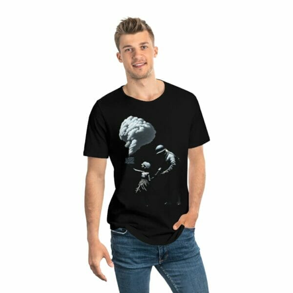 A man wearing a War Theme Street Art Men's Jersey Curved Hem Tee with an image of a man riding a motorcycle, featuring spray paint elements. A man wearing a War Theme Street Art Men's Jersey Curved Hem Tee with an image of a man riding a motorcycle, featuring spray paint elements.