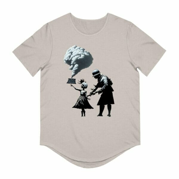 A War Theme Spray Paint T-shirt featuring Banksy-inspired urban street art of a man and woman.