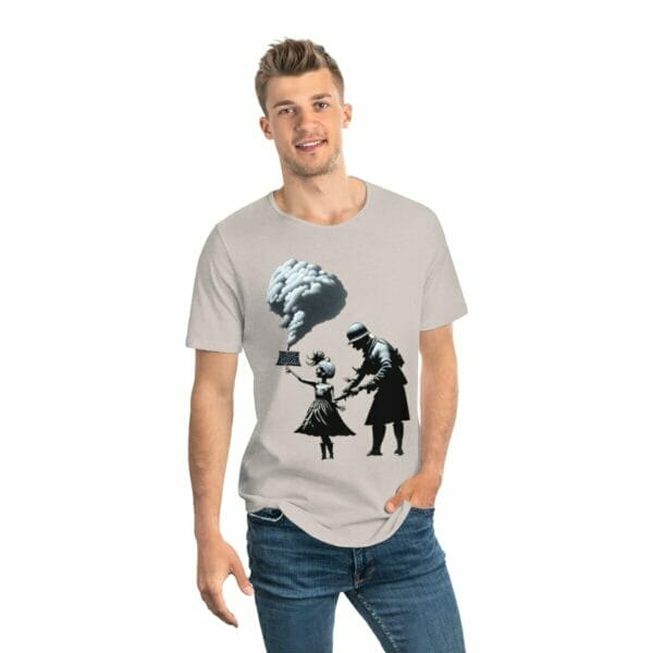 A man and a woman showcasing a Banksy-inspired spray paint t-shirt with war-themed street art. A man and a woman showcasing a Banksy-inspired spray paint t-shirt with war-themed street art.