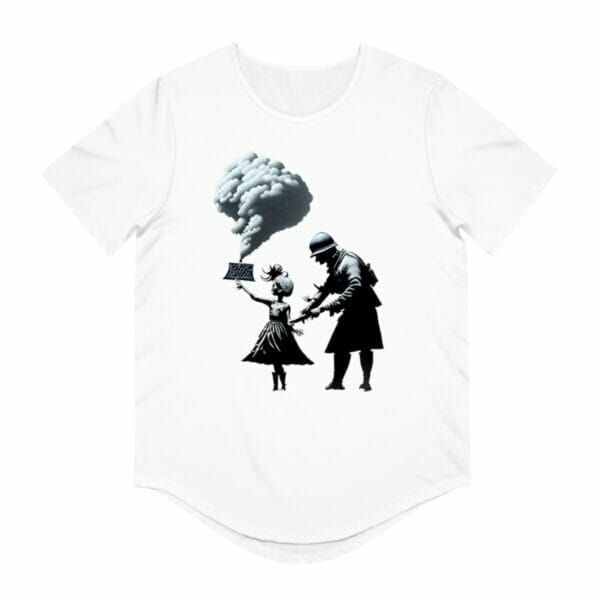 A graffiti-inspired Jersey Curved Hem Tee featuring a war-themed street art image of a man and a woman. A graffiti-inspired Jersey Curved Hem Tee featuring a war-themed street art image of a man and a woman.