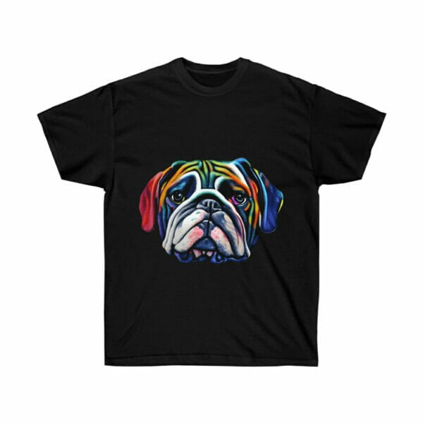 A black Bulldog Face Unisex Ultra Cotton Tee with a colorful bulldog on custom apparel.