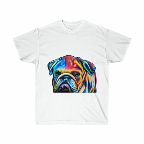 An image of a colorful bulldog on custom Bulldog Head and Body Unisex Ultra Cotton Tee. An image of a colorful bulldog on custom Bulldog Head and Body Unisex Ultra Cotton Tee.