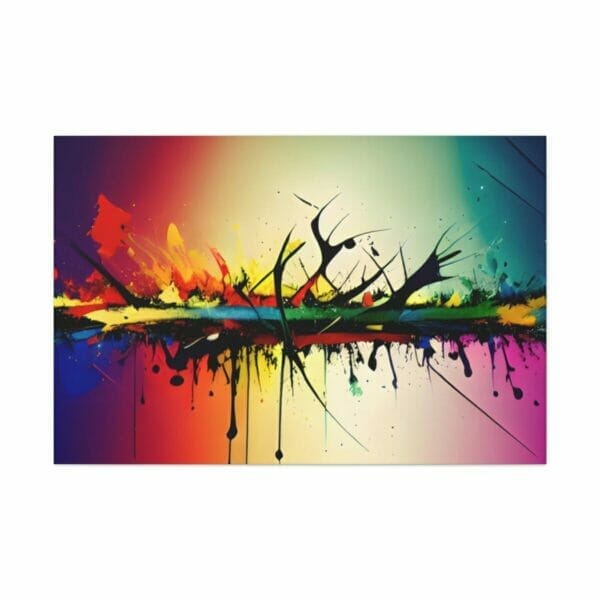 An abstract action painting canvas splattered with vibrant colors.