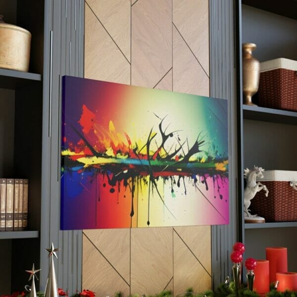 A Color Abstract Action Painting Canvas hangs on a wall in a living room. A Color Abstract Action Painting Canvas hangs on a wall in a living room.