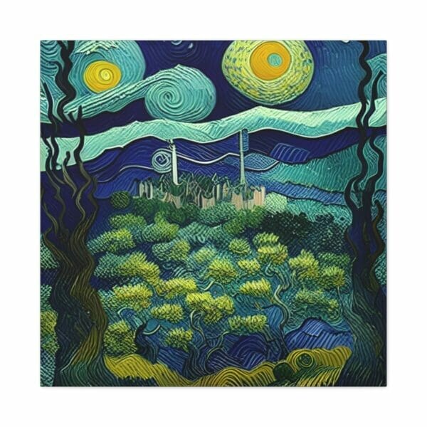 A Forest Post-Impressionism Art Matte Canvas, Stretched, 1.25" inspired by van gogh painting and featuring a starry sky and trees.