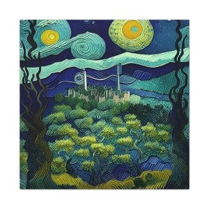 A Forest Post-Impressionism Art Matte Canvas, Stretched, 1.25" inspired by van gogh painting and featuring a starry sky and trees.