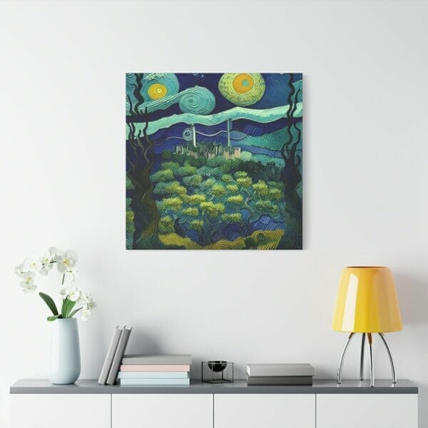 Stretched canvas print of a forest in Post-Impressionism style, reminiscent of van Gogh's artwork. Stretched canvas print of a forest in Post-Impressionism style, reminiscent of van Gogh's artwork.