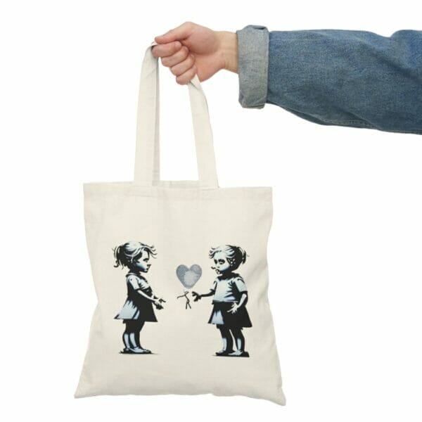 Two Children and Girl Street Art Natural Cotton Canvas Tote Bag tote bag mockup. Two Children and Girl Street Art Natural Cotton Canvas Tote Bag tote bag mockup.