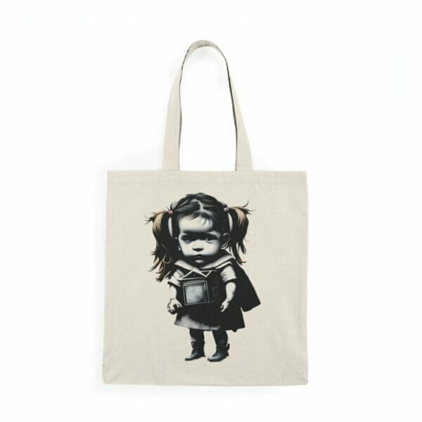 A Children and Girl Street Art Natural Cotton Canvas Tote Bag featuring a girl with a sword. A Children and Girl Street Art Natural Cotton Canvas Tote Bag featuring a girl with a sword.