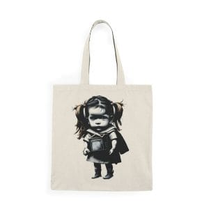 A Children and Girl Street Art Natural Cotton Canvas Tote Bag featuring a girl with a sword.