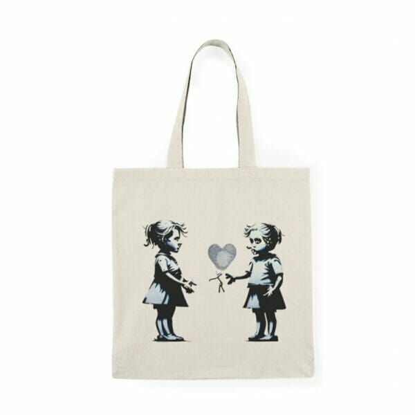 Two little girls holding a Children and Girl Street Art Natural Cotton Canvas Tote Bag mockup.