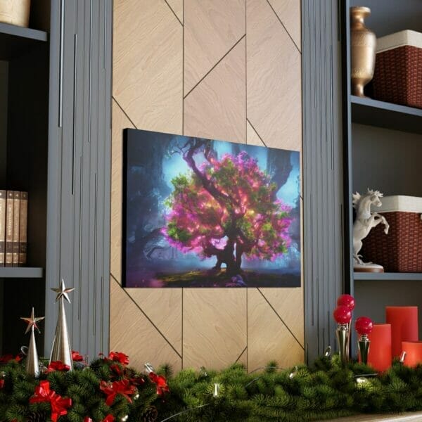 A mantle with a Luminating Tree Canvas on it. A mantle with a Luminating Tree Canvas on it.