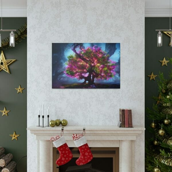 A living room with a Christmas tree and stockings on the mantle, featuring the Luminating Tree Canvas artwork. A living room with a Christmas tree and stockings on the mantle, featuring the Luminating Tree Canvas artwork.