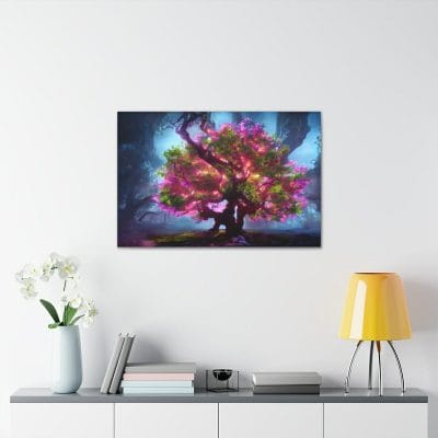A Luminating Tree Canvas artwork in a living room.