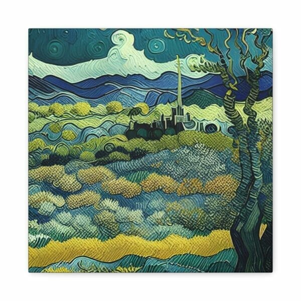 Van Gogh-style Post-Impressionism Art: Mountain View Canvas with trees and night sky. Van Gogh-style Post-Impressionism Art: Mountain View Canvas with trees and night sky.