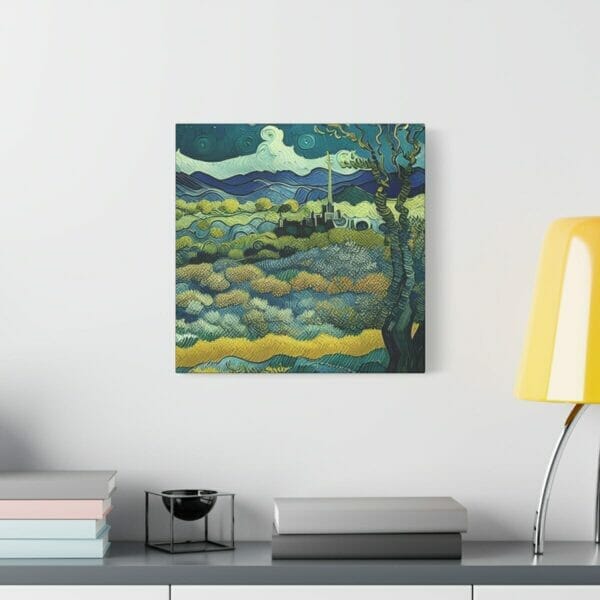 A Van Gogh-inspired post-impression artwork displayed on a wall with a lamp nearby. A Van Gogh-inspired post-impression artwork displayed on a wall with a lamp nearby.
