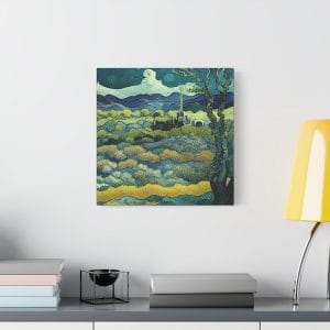 A Van Gogh-inspired post-impression artwork displayed on a wall with a lamp nearby.