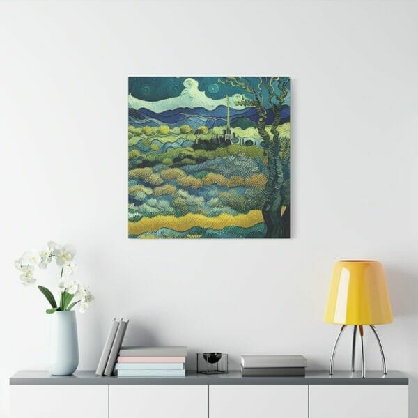 A Post-Impressionism Art Matte Canvas, showcasing van Gogh's iconic post-impression artwork, gracefully displayed on a living room wall. A Post-Impressionism Art Matte Canvas, showcasing van Gogh's iconic post-impression artwork, gracefully displayed on a living room wall.