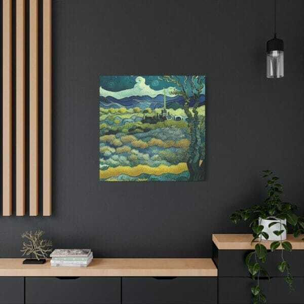 A Mountain View Post-Impressionism Art Matte Canvas, Stretched, 1.25" displayed in a living room. A Mountain View Post-Impressionism Art Matte Canvas, Stretched, 1.25" displayed in a living room.