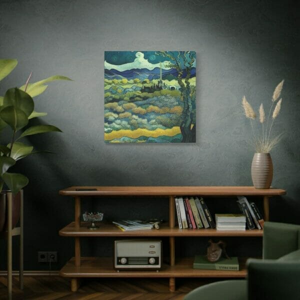 A living room with a Mountain View Post-Impressionism Art Matte Canvas, Stretched, 1.25" on the wall. A living room with a Mountain View Post-Impressionism Art Matte Canvas, Stretched, 1.25" on the wall.