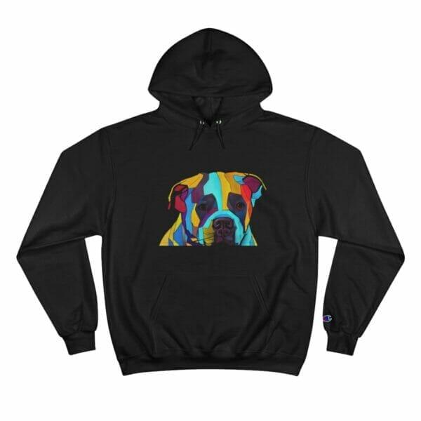 A Pitbull Abstract Art Champion hoodie featuring a colorful dog.