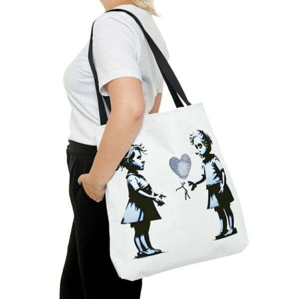 A woman holding a Street Art Durable Tote Bag. A woman holding a Street Art Durable Tote Bag.