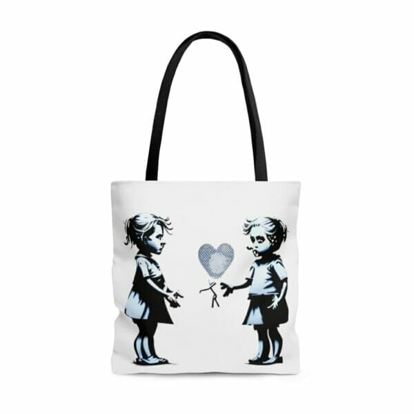 Two girls showcasing the Street Art Durable Tote Bag.