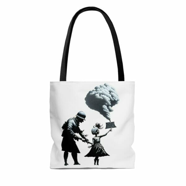A Street Art Durable Tote Bag featuring an image of a woman and a child. A Street Art Durable Tote Bag featuring an image of a woman and a child.