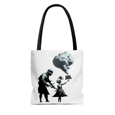 A Street Art Durable Tote Bag featuring an image of a woman and a child.