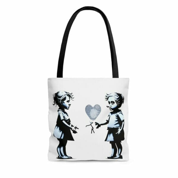 Two children posing with a Street Art Durable Tote Bag. Two children posing with a Street Art Durable Tote Bag.