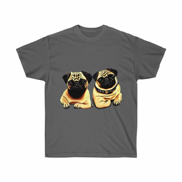 Twin pugs on a gray Unisex Ultra Cotton Tee. Twin pugs on a gray Unisex Ultra Cotton Tee.