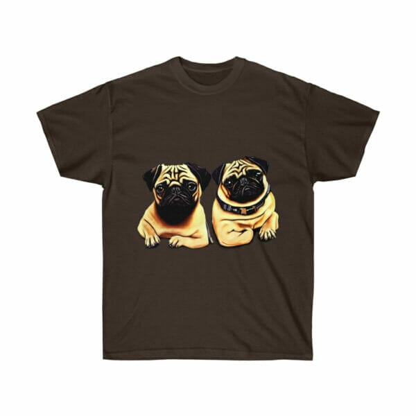 Two pugs sitting on a Twin Pug Unisex Ultra Cotton Tee for dog lovers.