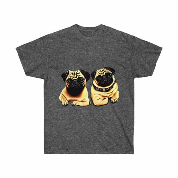 Two Twin Pug Unisex Ultra Cotton Tees sitting on a gray pug t-shirt. Two Twin Pug Unisex Ultra Cotton Tees sitting on a gray pug t-shirt.