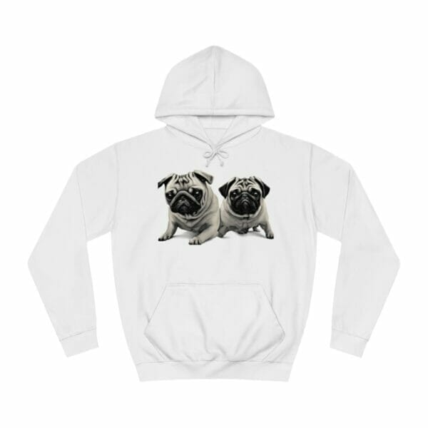 A Twin Pug Unisex College Hoodie with a pug print.