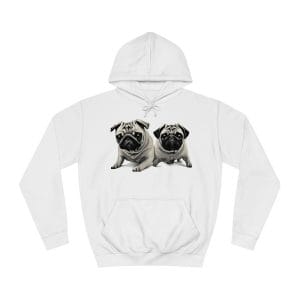 A Twin Pug Unisex College Hoodie with a pug print.