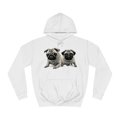 A Twin Pug Unisex College Hoodie with a pug print.