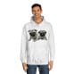 A man wearing a Twin Pug Unisex College Hoodie with a pug print.