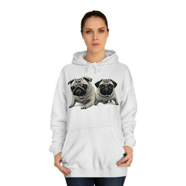 A Twin Pug Unisex College Hoodie with pugs on it. A Twin Pug Unisex College Hoodie with pugs on it.
