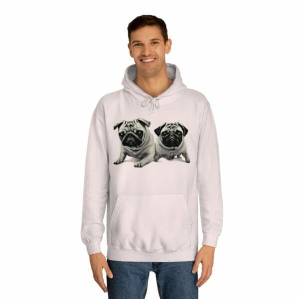 A Twin Pug Unisex College Hoodie featuring a pug print. A Twin Pug Unisex College Hoodie featuring a pug print.