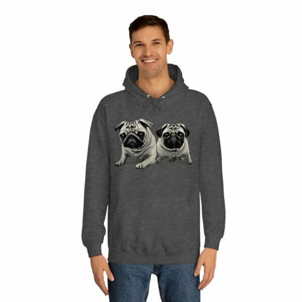 A man wearing a Twin Pug Unisex College Hoodie. A man wearing a Twin Pug Unisex College Hoodie.