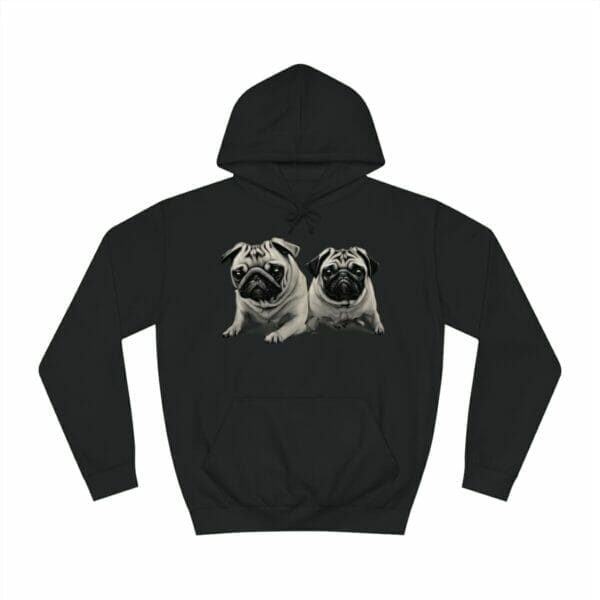 Twin Pug Unisex College Hoodie featuring pugs printed on a black hoodie. Twin Pug Unisex College Hoodie featuring pugs printed on a black hoodie.