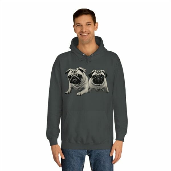 A man wearing a Twin Pug Unisex College Hoodie. A man wearing a Twin Pug Unisex College Hoodie.