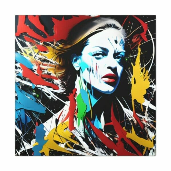 A Woman Action Painting Canvas with colorful splatters on her face.