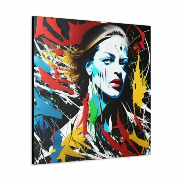 A Woman Action Painting Canvas with colorful paint splatters. A Woman Action Painting Canvas with colorful paint splatters.